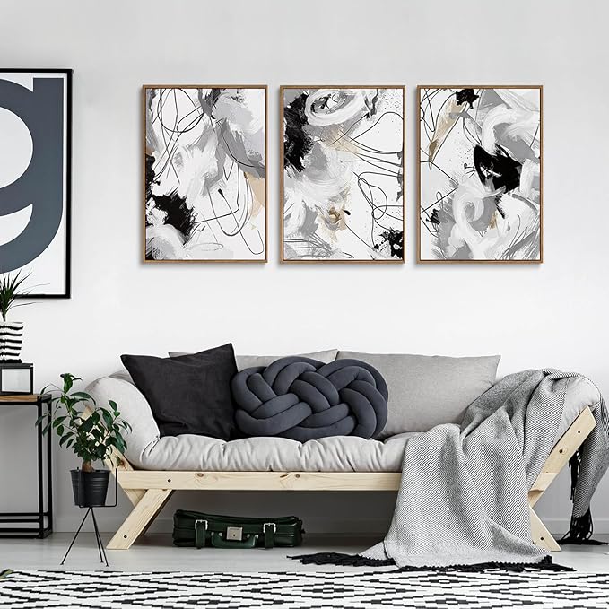 myusuar 3 Piece Large Modern Abstract Canvas Framed Wall Art For Living Room, Black And White Lines Minimalist Wall Art Decor Posters Prints For Bedroom Office, 16x24in