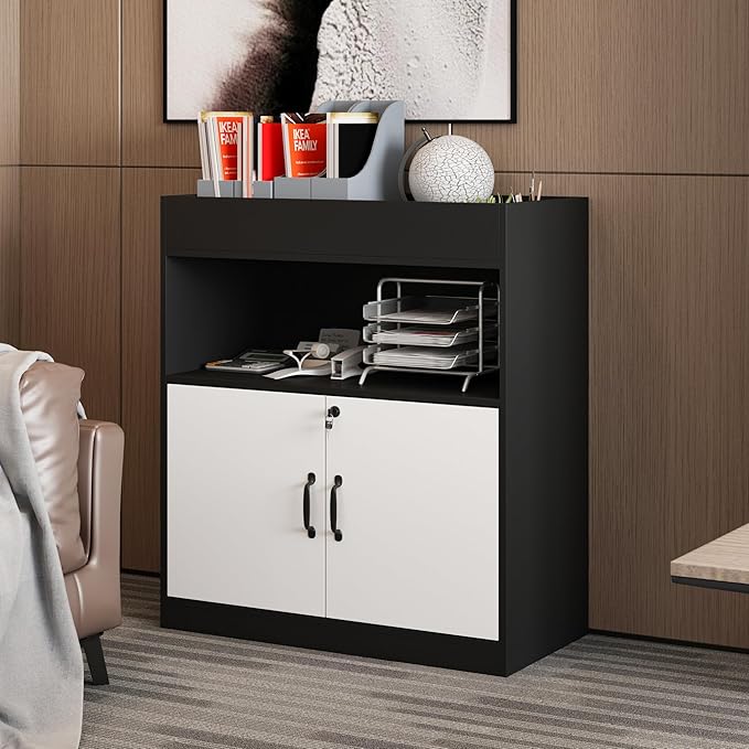 WOODTIME 31.5" W Lateral File Cabinet with Lock, Adjustable Shelves, Top Compartment, Open Shelf & 2 Drawers, Wooden Filing Organization Storage Cabinet for Office Garage, White & Black