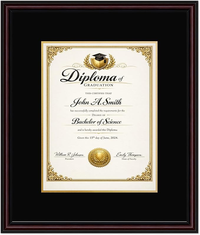 CountryArtHouse Diploma Frame Fits 10 x 13 College Diploma (Portrait Traditional) - Keepsake Graduation D Executive Brown Genuine Hardwood with Black Over Metallic Gold Double mat