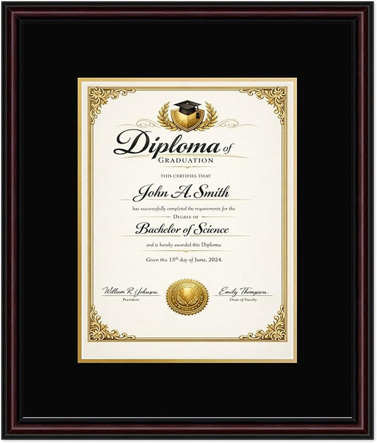 CountryArtHouse Diploma Frame Fits 10 x 13 College Diploma (Portrait Traditional) - Keepsake Graduation D Executive Brown Genuine Hardwood with Black Over Metallic Gold Double mat