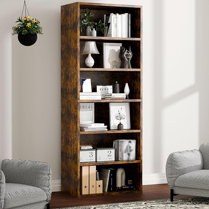 6-Tier Industrial Bookcase, 63" Tall Freestanding Wood Bookshelf with Open Display Storage Shelves for Living Room, Bedroom, Home Office, Rustic Brown