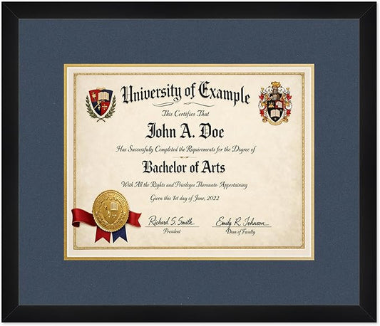 CountryArtHouse Diploma Frame Fits 14 x 11 College Diploma (Modern) - Keepsake Graduation Display Matte Black Genuine Hardwood with Navy Blue Over Metallic Gold Double mat
