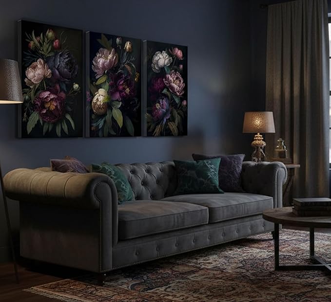 3 Pcs Moody Floral Canvas Wall Art Vintage Dark Peony Flowers Botanical Still Life Painting Picture Wall Decor Poster Print Artwork for Living Room Bedroom Women Room Home Decoration