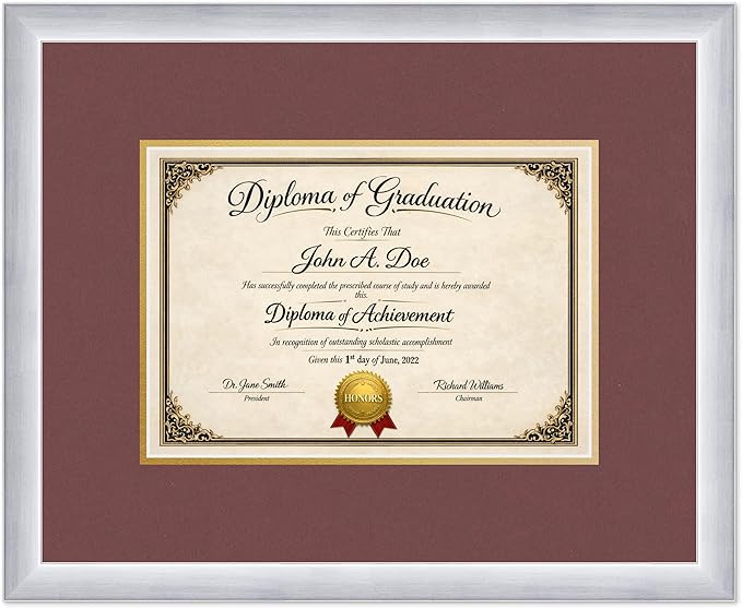 Diploma Frame Stainless Silver with Dark Red Over Gold Double Mat - Fits 11.69 x 8.27 A4 Certificate Wall Display Made in the USA