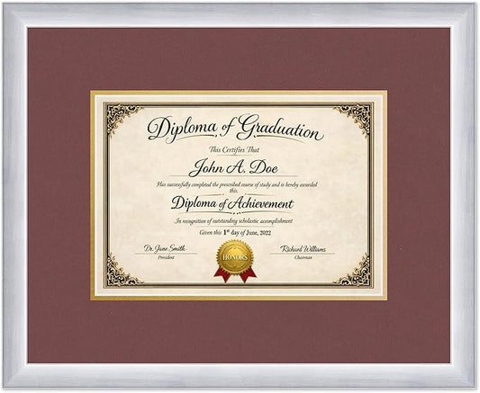 Diploma Frame Stainless Silver with Dark Red Over Gold Double Mat - Fits 11.69 x 8.27 A4 Certificate Wall Display Made in the USA