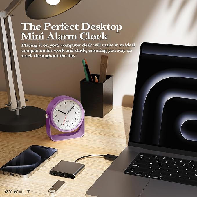 AYRELY® 3.5 Inch Small Analog Alarm Clocks,Battery Operated Desk Clock,Cute Table Clock with Light，Adjustable Angle for Travel,Bedside,Bedroom,Kids,Living Room Decor (Purple)