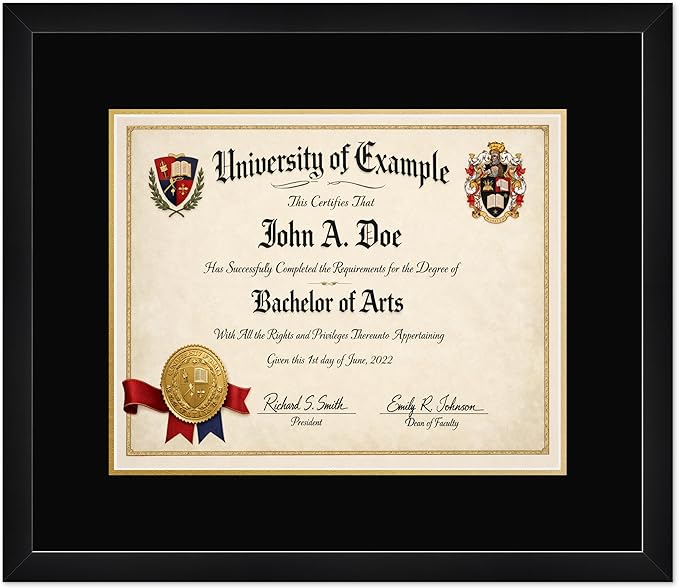 CountryArtHouse Diploma Frame Fits 15 x 12 Military/Government - Keepsake Graduation Display Matte Black Genuine Hardwood with Black Over Metallic Gold Double mat