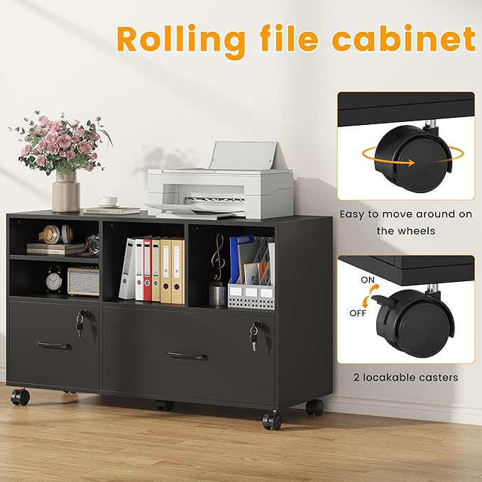 2 Drawer Wood Mobile Large Lateral File Cabinet, Lockable Rolling Filing Cabinet with Storage Shelves, Printer Stand Office Storage Cabinet for Home Office Fits Files Legal/A4, Black
