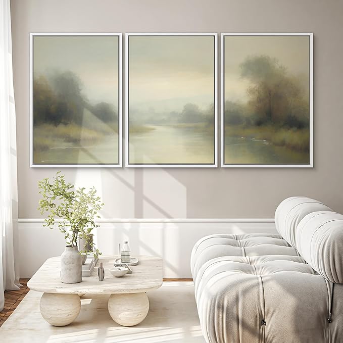SIGNWIN Framed Wall Art Print Set Misty River Landscape Soft Neutral Nature Scene Photography Modern Art Closeup Relax/Calm Dark for Living Room, Bedroom, Office - 16"x24"x3 White