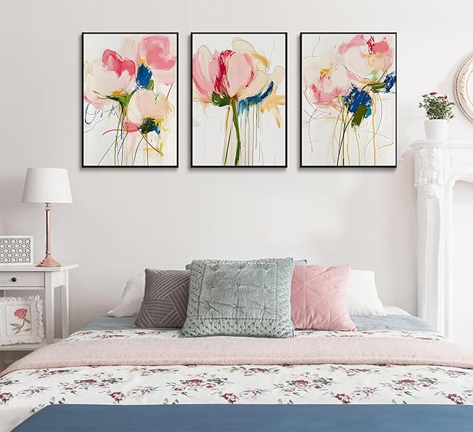 3PCS Colorful Abstract Line Floral Canvas Wall art Botanical Floral Line Posters Print Modern Minimalist Flower Pictures Wall Decoration for Girls' Room Bedroom Living room Unframed