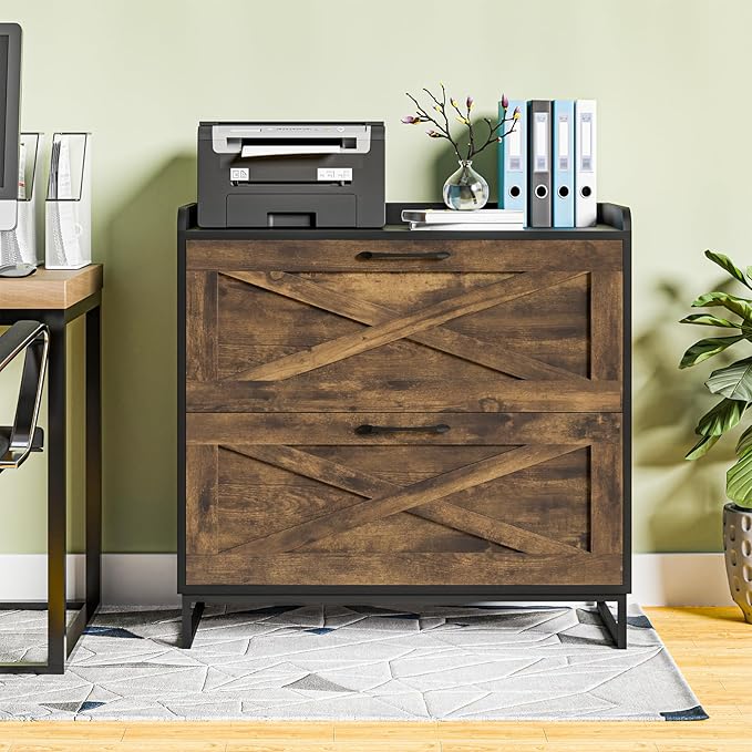 2 Drawer Lateral File Cabinet, Filing Cabinet with Charging Station for Letter/Legal/A4 Size Hanging Files, Modern Farmhouse File Cabinet for Home Office, Printer Stand with Storage, Brown and Black