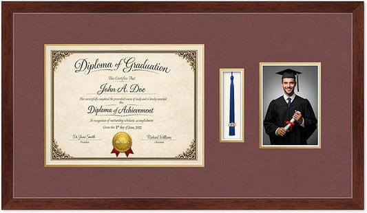 Diploma Tassel and Photo Frame Rustic Walnut Shadowbox Dark Red Over Gold Mat - Fits 13 x 10 Degree Picture Made in the USA