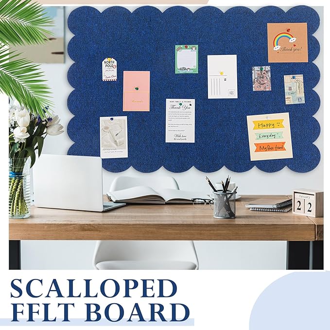 Scalloped Felt Bulletin Board 72 x 48 Inches Foldable Dark Blue Pin Cork Board Alternative for Wall, 6' x 4' Trifold Picture Vision Self Adhesive Bulletin Decorative