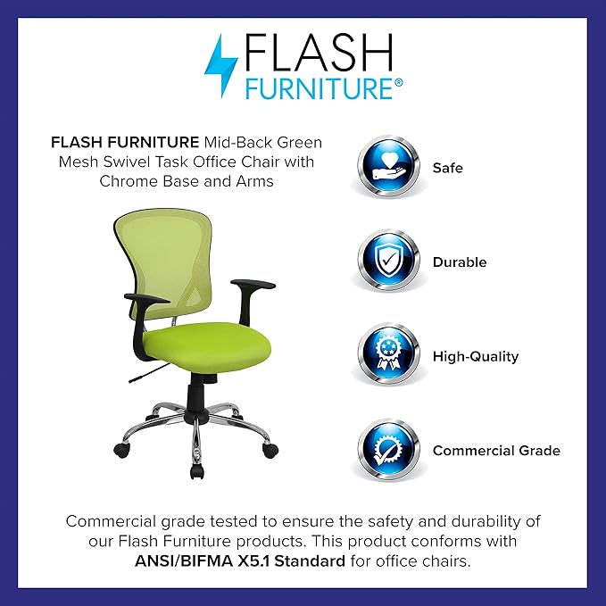 Flash Furniture Alfred Mid-Back Green Mesh Swivel Task Office Chair with Chrome Base and Arms