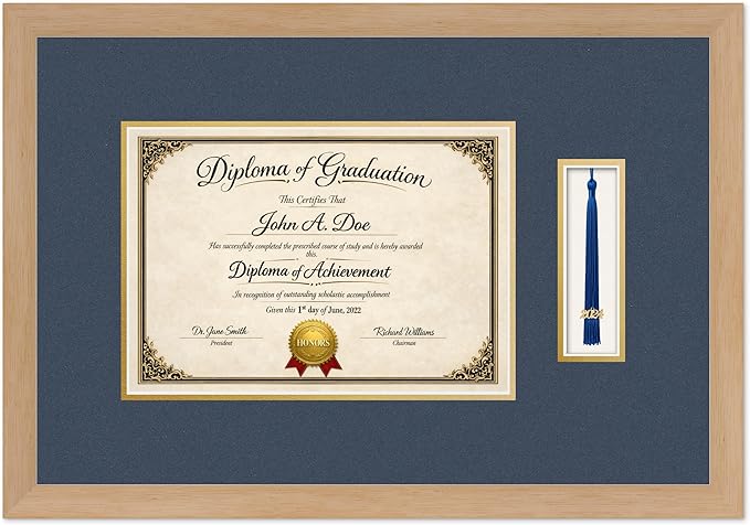 Diploma Frame with Tassel Holder Natural Wood Shadowbox Navy Blue Over Gold Mat - Fits 11.69 x 8.27 Degree Made in the USA