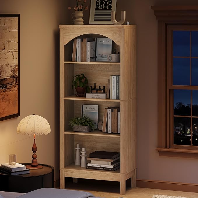 56" H Tall Bookshelf and Bookcase, Arched Book Shelf with 4-Tier Open Shelves, Wooden Storage Bookcase Freestanding Display Bookshelves for Bedroom, Living Room, Natural Oak