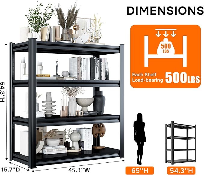 Book Shelf, Metal Bookshelves, Heavy Duty Steel Bookcases, Large Storage Capacity Adjustable Tall Industrial Bookshelf for Living Room, Bedroom and Study Room, Black (4-Tier 54''Hx45''Wx16''D)