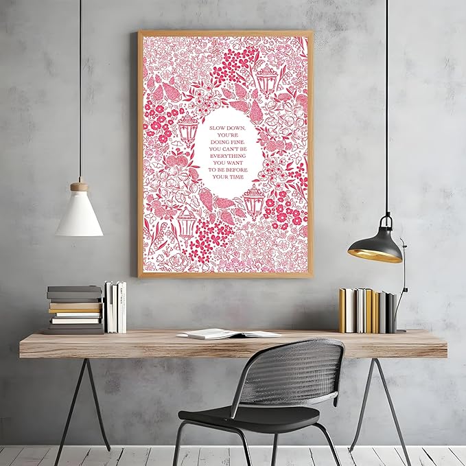 Slow Down You're Doing Fine Music Posters Motivational Quote Pink Wall Art Vintage Floral Positive Daily Reminder Song Lyrics Canvas Print Aesthetic Office Home Decor 12x16inch Wood Color Framed