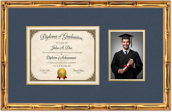 Diploma Frame With Photo Opening Gold Bamboo Navy Blue Over Gold Mat - Fits 10 x 8 Degree and Picture Made in the USA