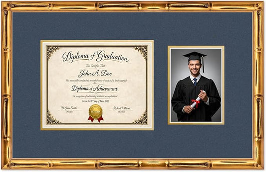 Diploma Frame With Photo Opening Gold Bamboo Navy Blue Over Gold Mat - Fits 10 x 8 Degree and Picture Made in the USA