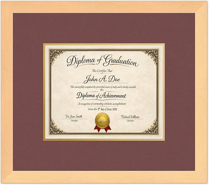 Diploma Frame Natural Wood with Dark Red Over Gold Double Mat - Fits 10 x 8 Professional License Wall Display Made in the USA