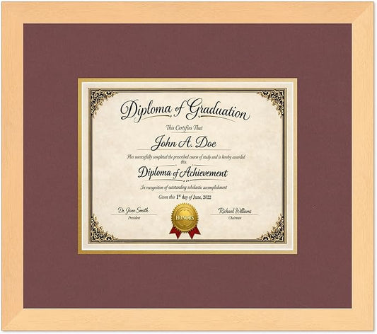 Diploma Frame Natural Wood with Dark Red Over Gold Double Mat - Fits 10 x 8 Professional License Wall Display Made in the USA