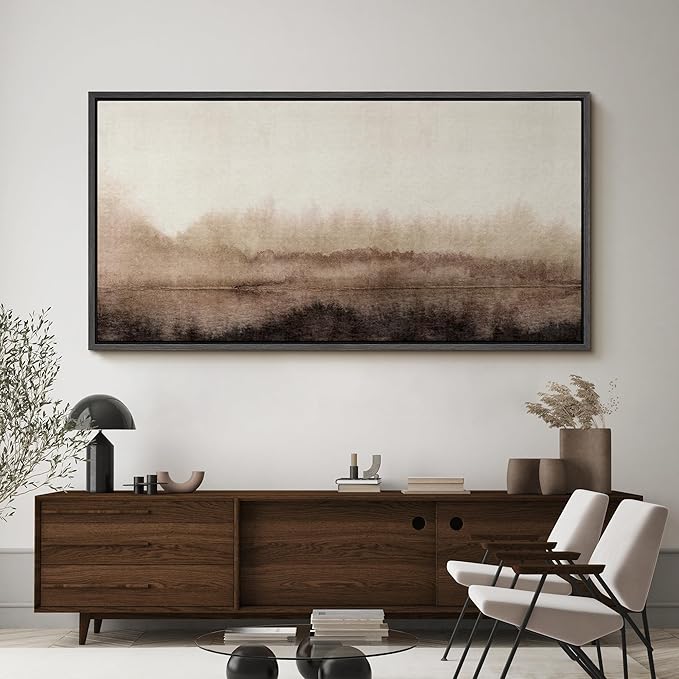 SIGNFORD Extra Large Framed Canvas Misty Woodland Neutral Landscape Illustrations Modern Art Calm Warm for Living Room, Bedroom, Office - 60"x30"
