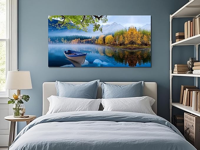 Arjun Landscape Wall Art for Living Room Lake Canvas Blue Picture Bedroom, Nature Boat Artwork Modern Nature Painting Framed Large Home Office Dining Room Wall Decor 40"x20"