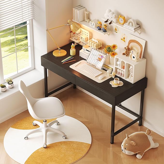 VERMESS Small Desk with Wood Drawers, 40 Inch Computer Desk for Bedroom, Vanity Makeup Desks, Kids Desks for Small Space with Storage for Home Office, Study Writing Simple Computer Table, Black