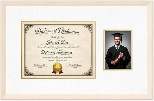 Diploma Frame With Photo Opening Coastal Whitewash Oyster Shell Over Gold Mat - Fits 13 x 10 Degree and Picture Made in the USA