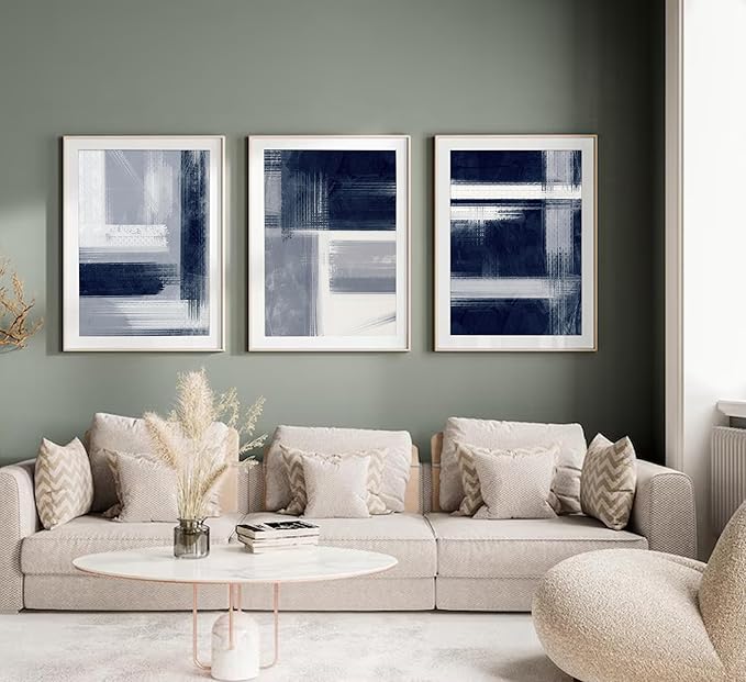 Wavkkey 3Pcs Navy Blue Abstract Wall Art Blue Grey Neutral Modern Geometric Abstract Painting Poster Wall Decor Canvas Print Artwork for Living Room Bedroom Office Home Decoration Unframed
