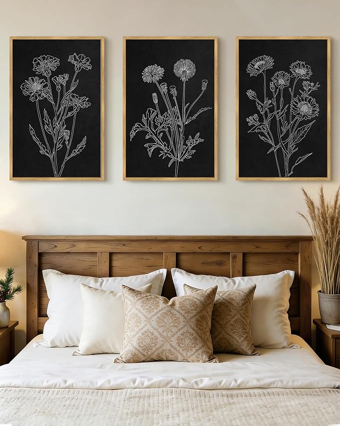 Drsoum Black White Flower Wall Art Vintage Minimalist Floral Wall Hanging Decor Bohemain Botanical Prints Artwork for Bedroom Living Room Hallway 24x36in Natural Framed