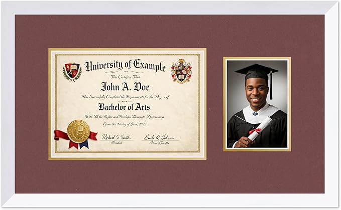 CountryArtHouse Fits 11.69 x 8.27 A4 Certificate and 5 x 7 Photo Diploma and Photo Frame Bright White Genuine Hardwood with Dark Red Over Metallic Gold Double mat