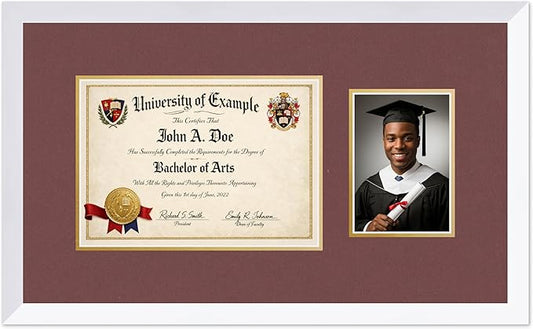 CountryArtHouse Fits 11.69 x 8.27 A4 Certificate and 5 x 7 Photo Diploma and Photo Frame Bright White Genuine Hardwood with Dark Red Over Metallic Gold Double mat
