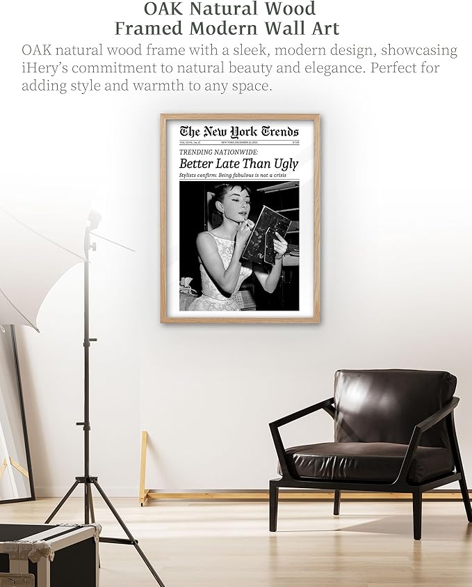 iHery Natural OAK Wood Audrey Hepburn Trendy Framed Wall Art, Better Late Than Ugly 12x16in Vintage Canvas Wall Decor, Retro Black and White Bathroom Artwork, Bedroom Apartment Girly Room 1Pack