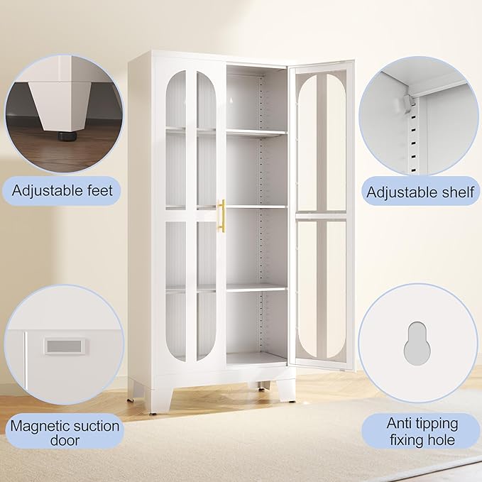 Metal Kitchen Pantry Storage Cabinet,Food Pantries Cabinets with Acrylic Glass Doors and Adjustable Shelves,Storage Cupboard for Kitchen, Living Room, Laundry Room and Dinning Room 61.02”H
