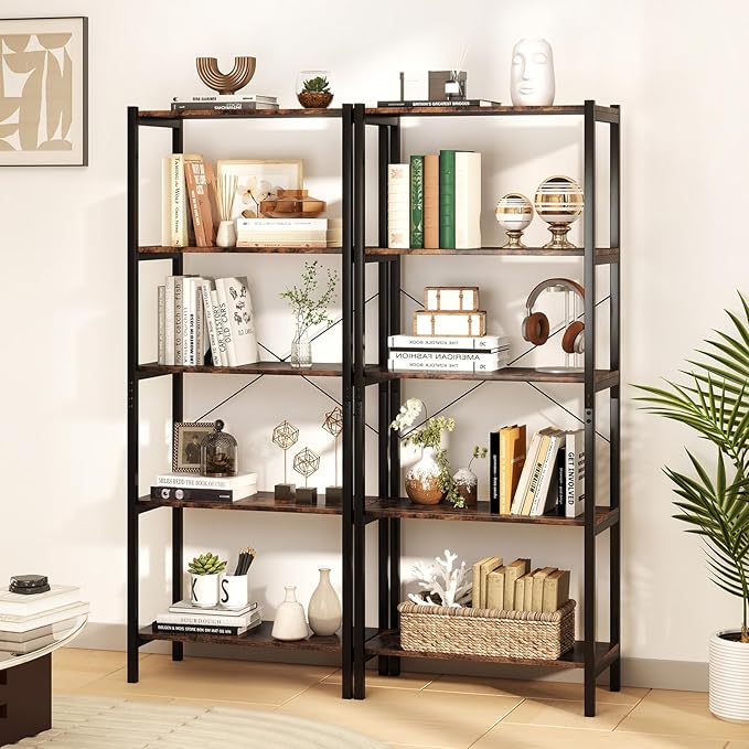 Giantex 5-Tier Industrial Bookshelf, 63.5" Tall Open Storage Organizer Shelves with Anti-Tipping Device and Foot Pads, Steel Frame Bookcase Display Rack for Living Room, Bedroom, Office, Brown