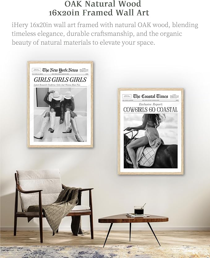 iHery Girls Just Wanna Have Fun Framed Trendy Cowgirl NewsPaper Wall Art, Large 16x20in Natural OAK Wood Black and White Canvas Wall Decor For Bedroom Dorm Living Room,Vintage Bar Car Home 1Pack