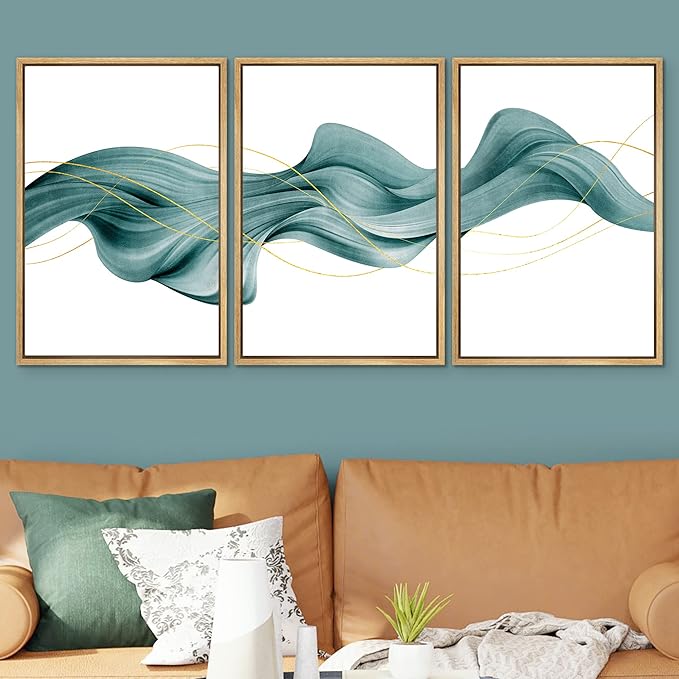 SIGNWIN Framed Canvas Print Wall Art Set Futuristic Teal Geometric Smoke Wave Abstract Shapes Illustrations Modern Art Decorative Nordic Zen Chic for Living Room, Bedroom, Office - 24"x36"x3 Natural