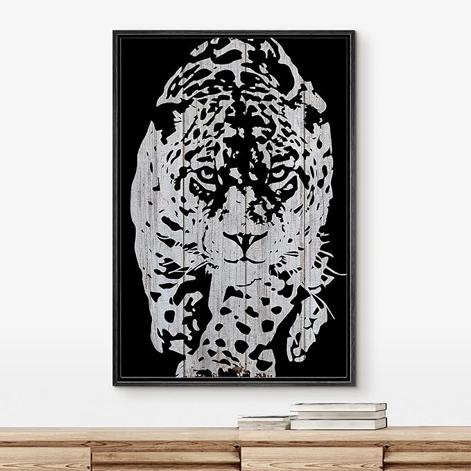 IDEA4WALL Framed Canvas Print Wall Art Grayscale Spotted Leopard Stalking on Wood Panels Animals WildLife Illustrations Modern Art Tropical Portrait for Living Room, Bedroom, Office - 24"x36" BLACK