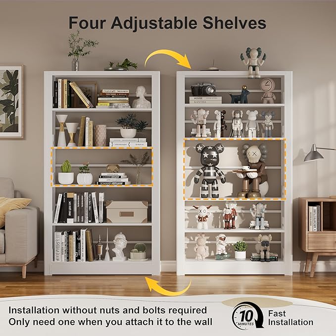 5 Tier Large Bookshelf, 69'' Tall Bookcase with Adjustable Shelves,Open Book Shelf Storage Organizer, White Bookcase for Bedroom,Living Room,Library,Office