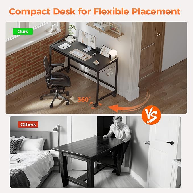 Mericonia 40 inch Rolling Computer Desk with Wheels, Gaming Desk for Small Spaces, Modern Simple Style Table for Home Office, Study Writing Table
