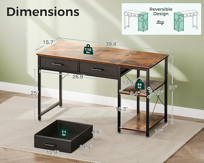 Coleshome Small Computer Desk with Drawers, 40 Inch Reversible Home Office Desk with Storage Shelves, Study Laptop Desk for Bedroom Small Space, Rustic Brown