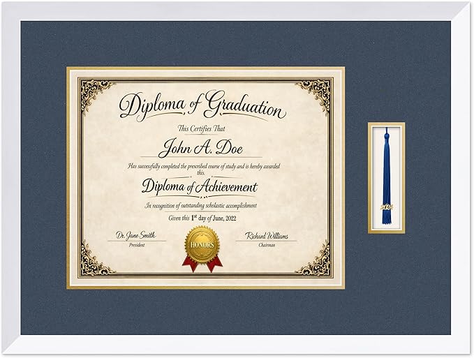 Diploma Frame with Tassel Holder Bright White Shadowbox Navy Blue Over Gold Mat - Fits 15 x 12 Degree Made in the USA