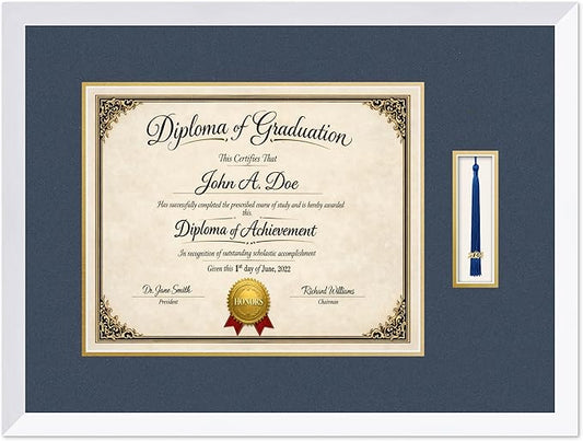 Diploma Frame with Tassel Holder Bright White Shadowbox Navy Blue Over Gold Mat - Fits 15 x 12 Degree Made in the USA