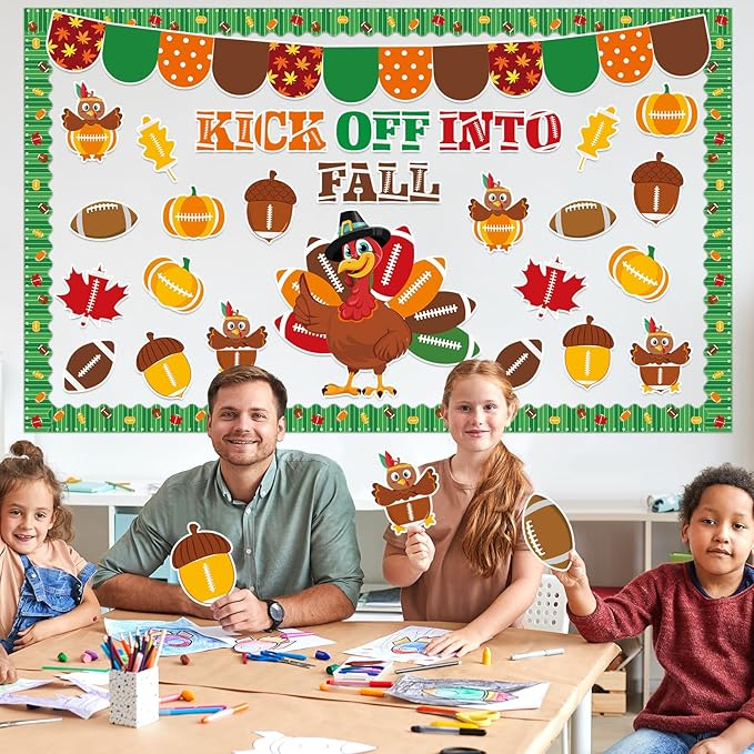 Fall Football Thanksgiving Bulletin Board Decorations Set Kick Off into Fall Classroom Decor Autumn Maple Leaf Paper Cutouts Football Border Sport Party School Classroom Chalkboard Wall Supplies Favor