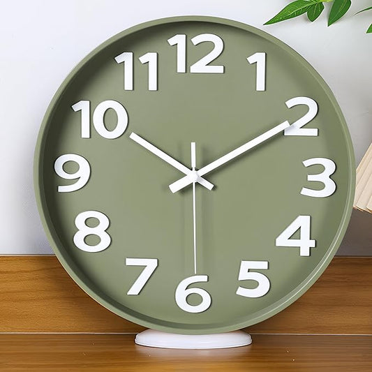 45MinST 12 Inch 3D Number Dial Face Modern Indoor Outdoor Clock, Silent Non-Ticking Round Home Decor Wall Clock with Arabic Numerals, Colorful Dial Face (Olive Green)
