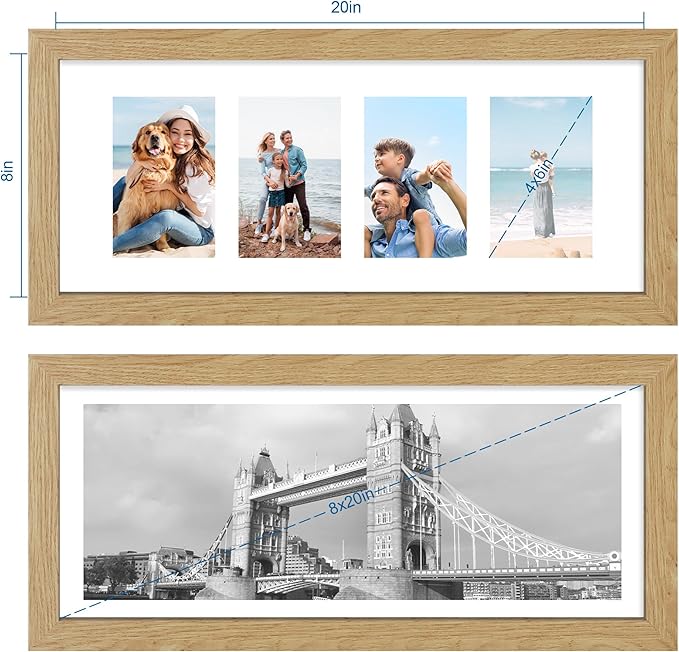 8x20 Picture Frame Set of 2, Natural Oak Wood Frame with Tempered Glass Collage Frame, Display Pictures Four 4x6 With Mat or 8 x 20 Without Mat - Horizontal or Vertical Wall Mounting