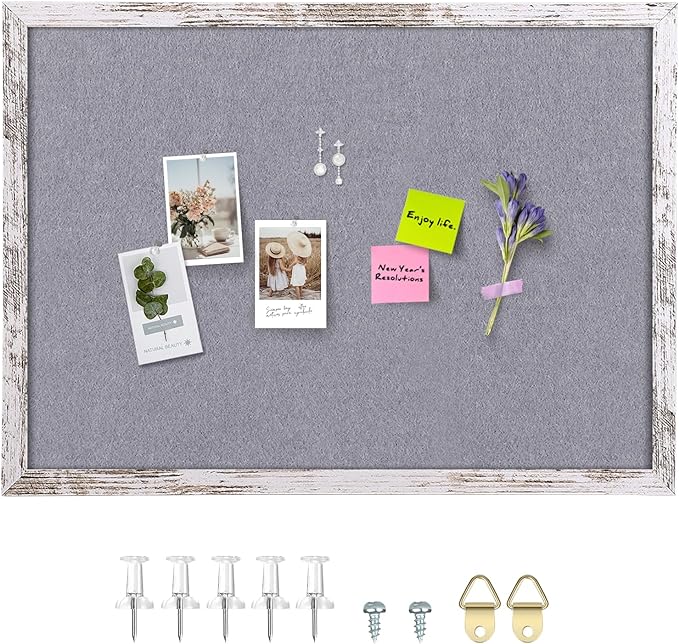 Gray Felt Bulletin Board, 35.4x23.6 inches Decorative Hanging Bulletin Boards for Walls with White Rustic Wood Frame, Pin Board Vision Board for Office Home School with Pins (6090,WH,1pc)