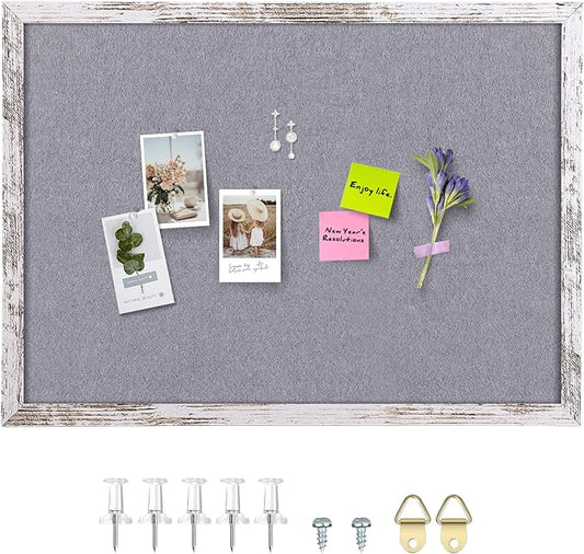 Gray Felt Bulletin Board, 35.4x23.6 inches Decorative Hanging Bulletin Boards for Walls with White Rustic Wood Frame, Pin Board Vision Board for Office Home School with Pins (6090,WH,1pc)